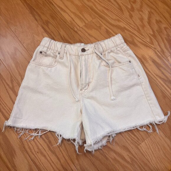 BDG Urban Outfitters Womens Ivory Drawstring Jean Shorts S-S Distressed Hem - Picture 1 of 4